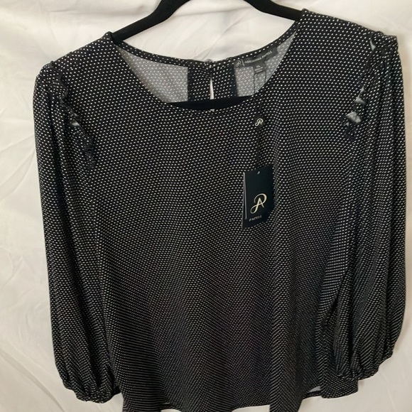 Adrianna Papell: Black/White Little dots Ruffle Armhole 3/4 Sleeve Top- cinch-XL - Picture 10 of 16